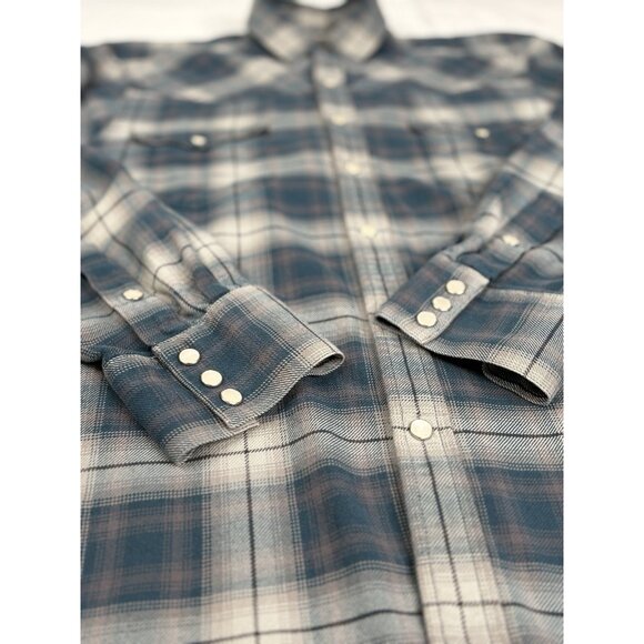 Filson Flannel Western Shirt Men’s L Pearl Snap Blue Gray Plaid Midweight - Picture 8 of 14